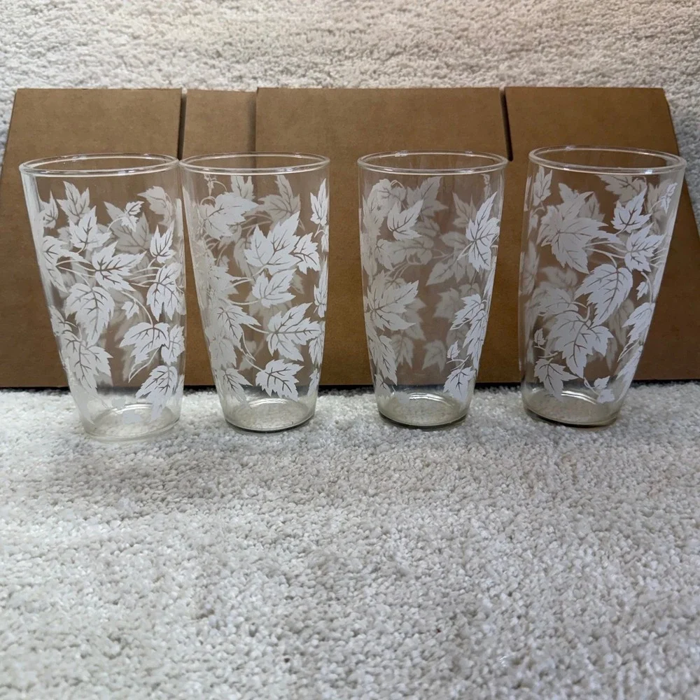 Vintage‎ Hazel Atlas Frosted White Maple Leaf Glass Tumblers Set of 4 MCM 6 inch